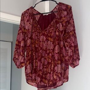 LOFT- Women's Burgundy Floral Split-Neck Blouse